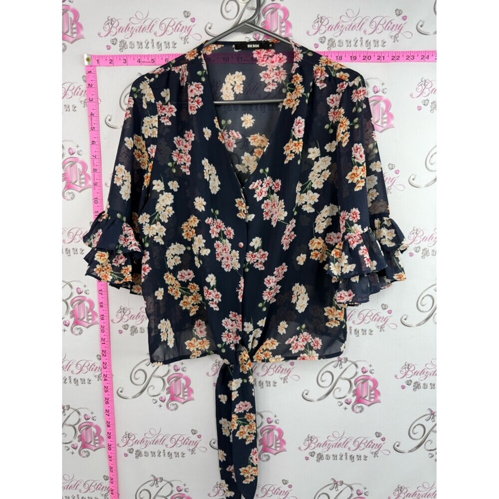 Bikbok shirt ribbon Tie-Front Floral Blouse - Navy Floral flowers bell sleeves